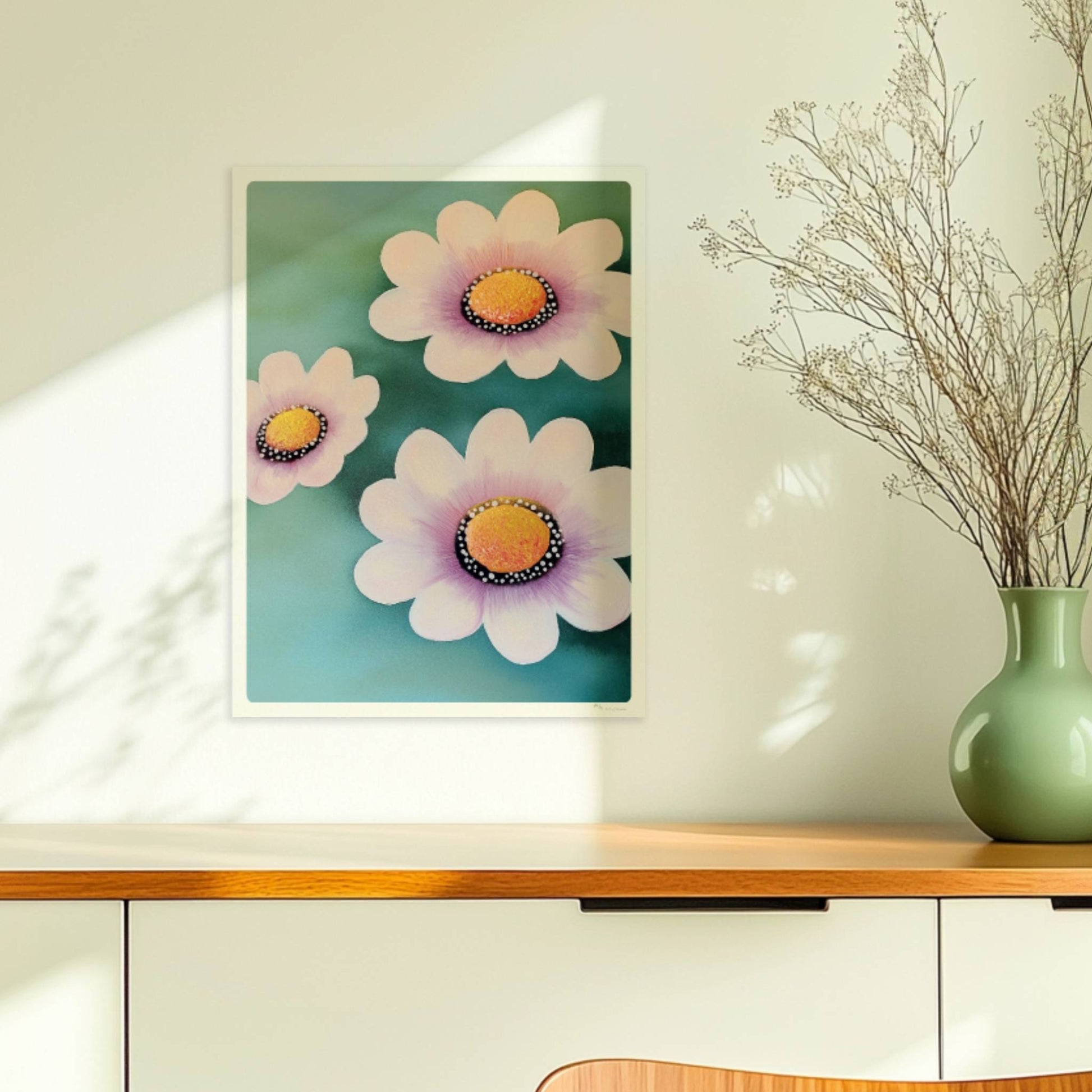 Zarte weiße und rosa Blüten mit leuchtend gelben Zentren auf einem weichen türkisfarbenen Hintergrund – minimalistische Flower Arts Illustration.. Ohne Rahmen 30x40