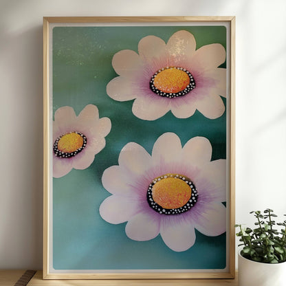 Zarte weiße und rosa Blüten mit leuchtend gelben Zentren auf einem weichen türkisfarbenen Hintergrund – minimalistische Flower Arts Illustration.. Rahmen natur 50x70