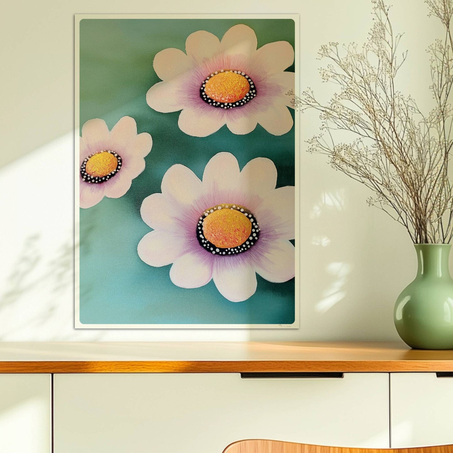 Zarte weiße und rosa Blüten mit leuchtend gelben Zentren auf einem weichen türkisfarbenen Hintergrund – minimalistische Flower Arts Illustration.. Ohne Rahmen 50x70