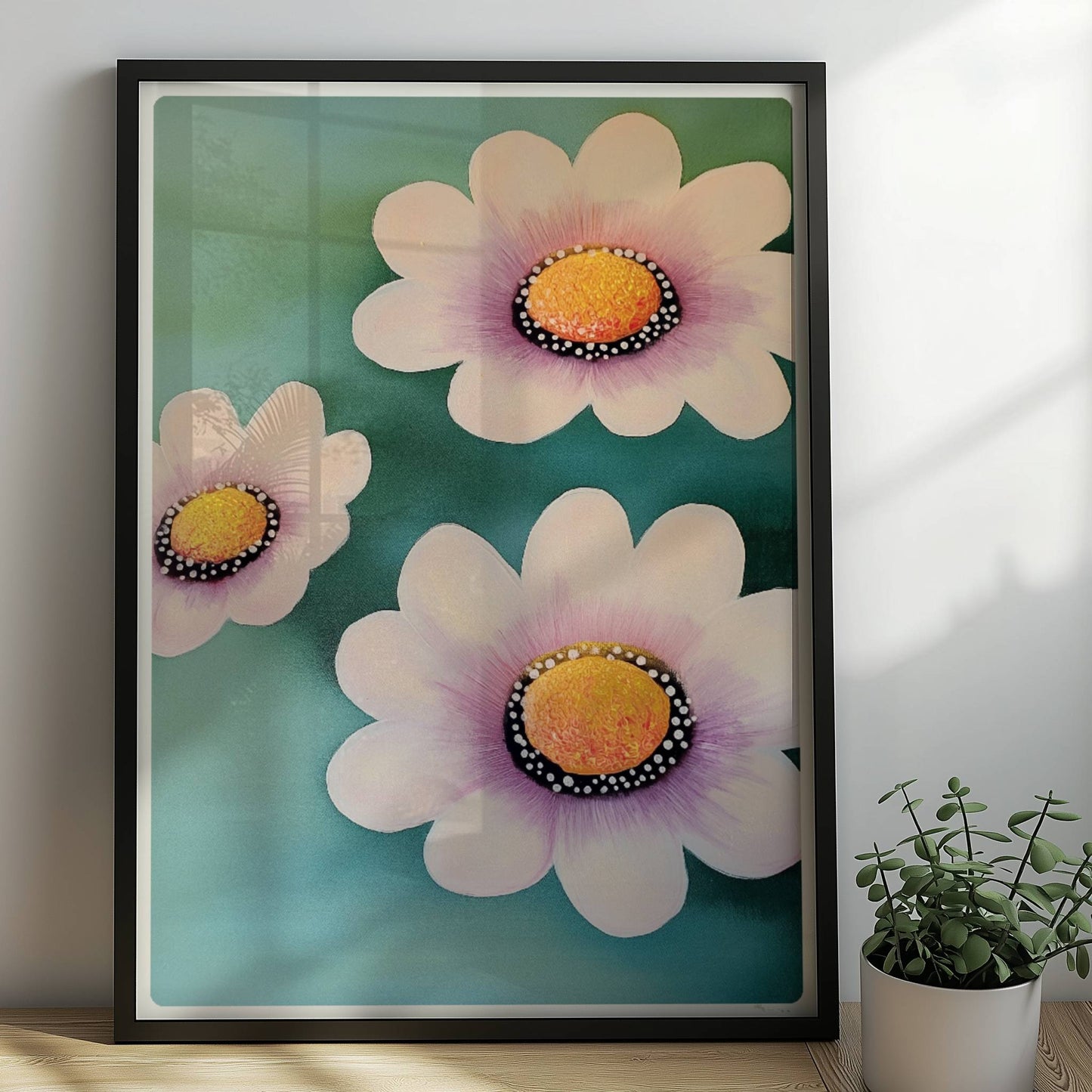 Zarte weiße und rosa Blüten mit leuchtend gelben Zentren auf einem weichen türkisfarbenen Hintergrund – minimalistische Flower Arts Illustration.. Rahmen schwarz 50x70