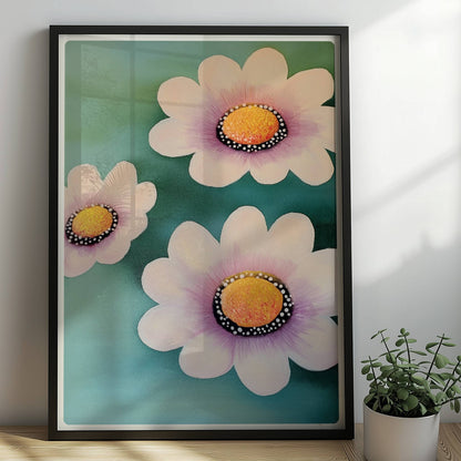 Zarte weiße und rosa Blüten mit leuchtend gelben Zentren auf einem weichen türkisfarbenen Hintergrund – minimalistische Flower Arts Illustration.. Rahmen schwarz 50x70