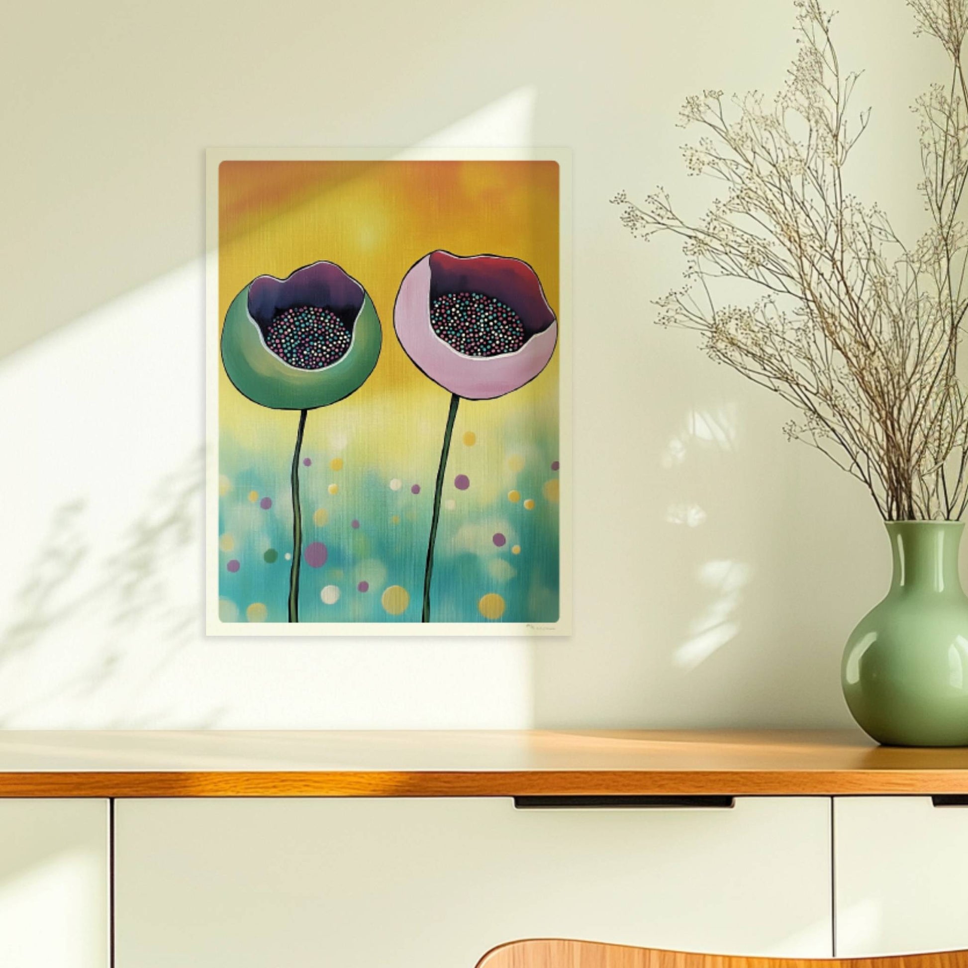 Abstrakte Darstellung von zwei Mohnblumenknospen in Grün und Rosa mit bunten Punkten im Inneren auf einem gelb-blau verlaufenden Hintergrund – moderne Flower Arts Illustration.. Ohne Rahmen 30x40