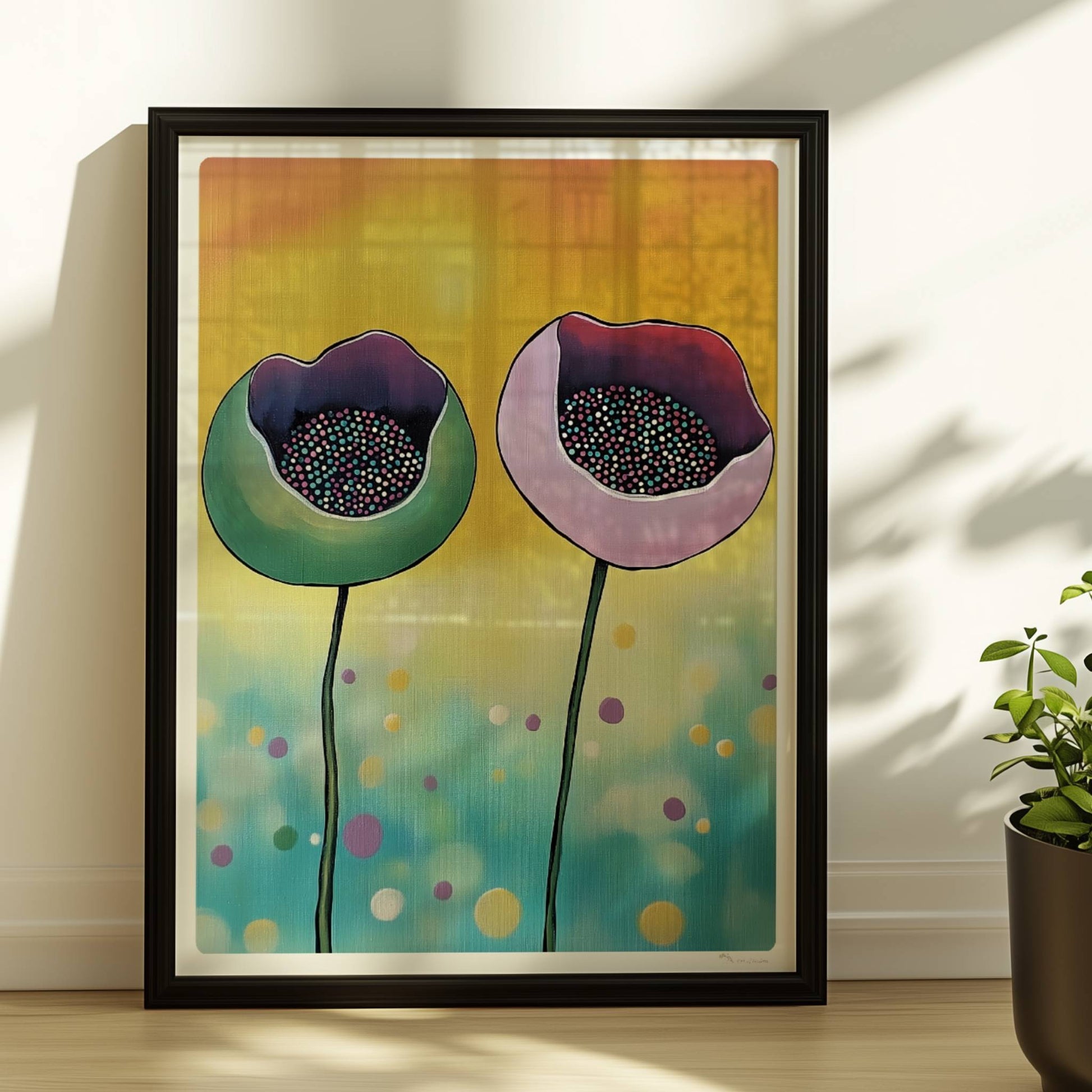 Abstrakte Darstellung von zwei Mohnblumenknospen in Grün und Rosa mit bunten Punkten im Inneren auf einem gelb-blau verlaufenden Hintergrund – moderne Flower Arts Illustration.. Rahmen schwarz 30x40