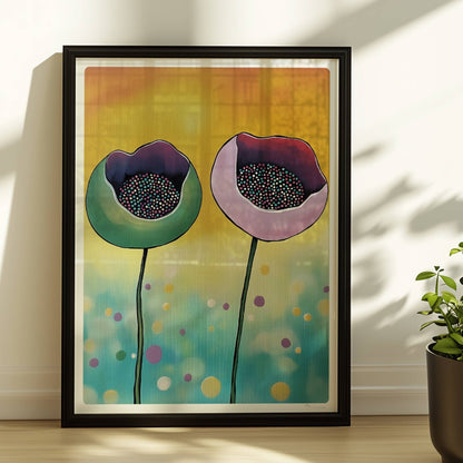 Abstrakte Darstellung von zwei Mohnblumenknospen in Grün und Rosa mit bunten Punkten im Inneren auf einem gelb-blau verlaufenden Hintergrund – moderne Flower Arts Illustration.. Rahmen schwarz 30x40