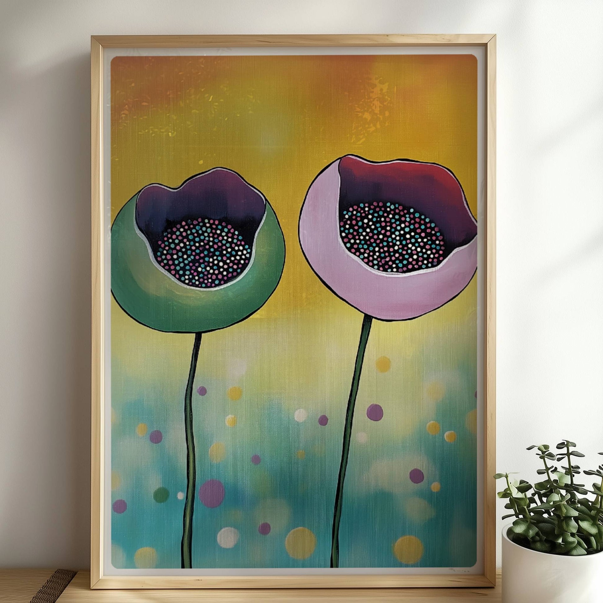 Abstrakte Darstellung von zwei Mohnblumenknospen in Grün und Rosa mit bunten Punkten im Inneren auf einem gelb-blau verlaufenden Hintergrund – moderne Flower Arts Illustration.. Rahmen natur 50x70