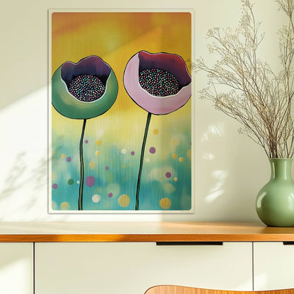 Abstrakte Darstellung von zwei Mohnblumenknospen in Grün und Rosa mit bunten Punkten im Inneren auf einem gelb-blau verlaufenden Hintergrund – moderne Flower Arts Illustration.. Ohne Rahmen 50x70