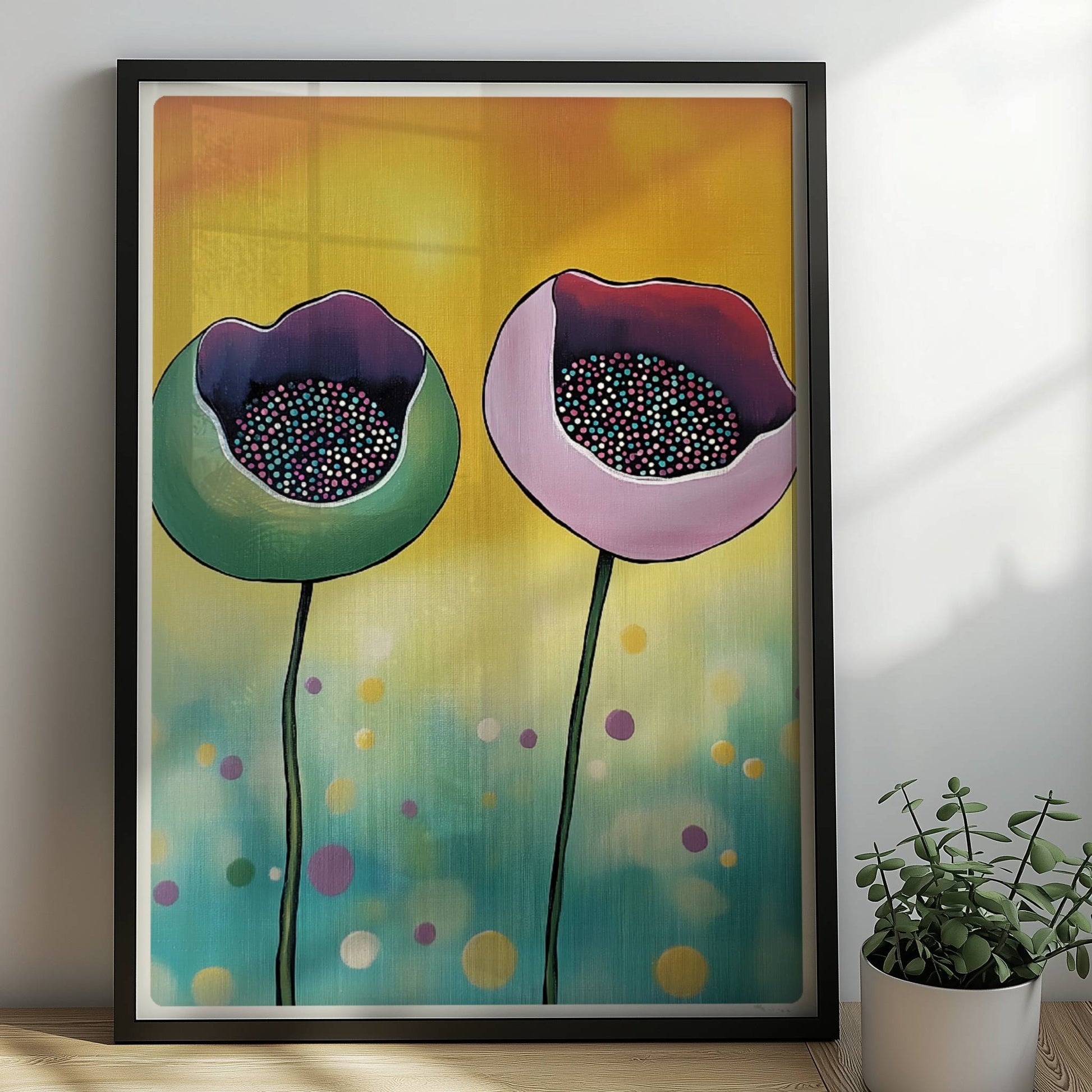 Abstrakte Darstellung von zwei Mohnblumenknospen in Grün und Rosa mit bunten Punkten im Inneren auf einem gelb-blau verlaufenden Hintergrund – moderne Flower Arts Illustration.. Rahmen schwarz 50x70