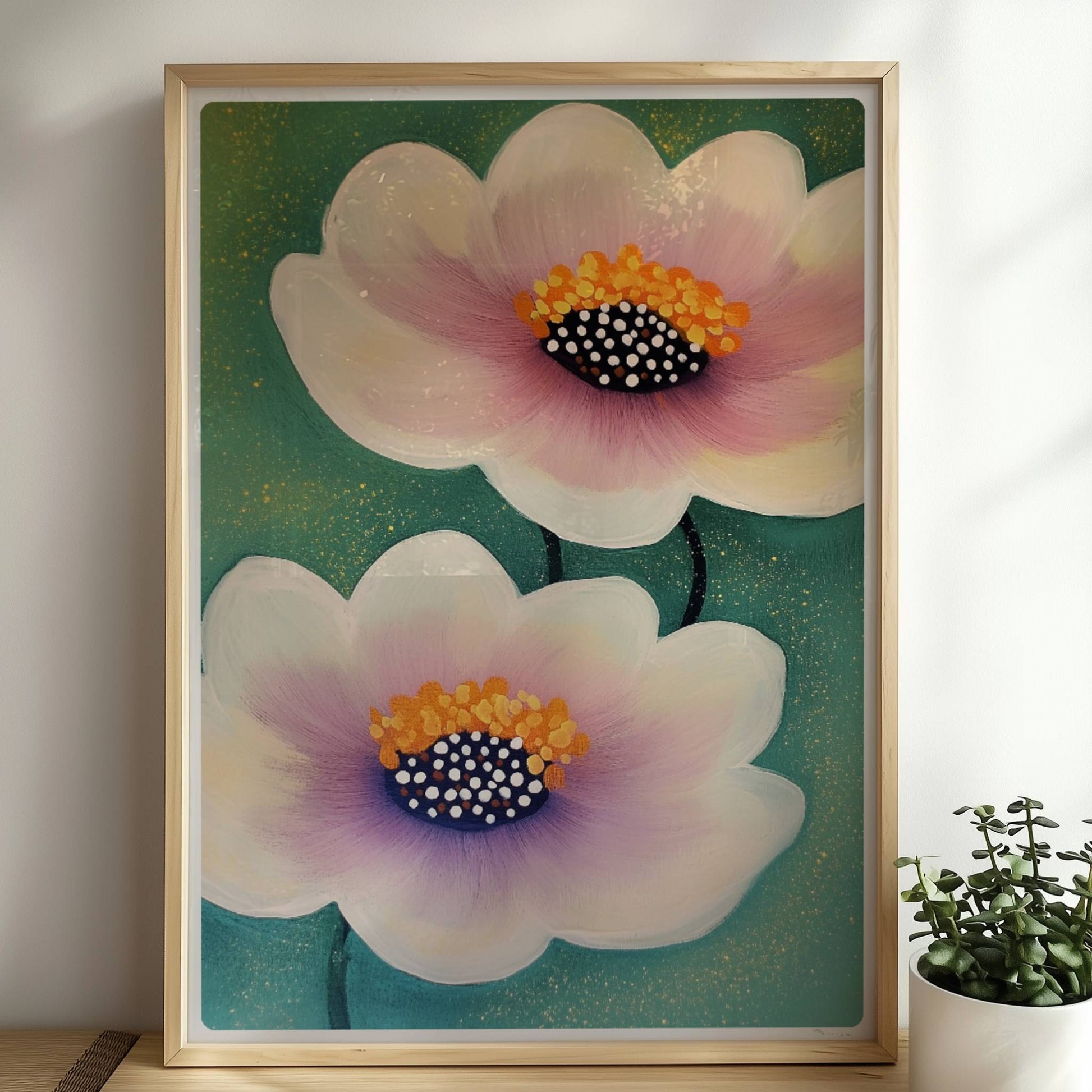 Zwei elegante Wasserlilien in Weiß und Rosa mit goldgelben Staubgefäßen und gepunkteten Zentren auf einem zartgrünen Hintergrund – stilvolle Flower Arts Illustration.. Rahmen natur 50x70