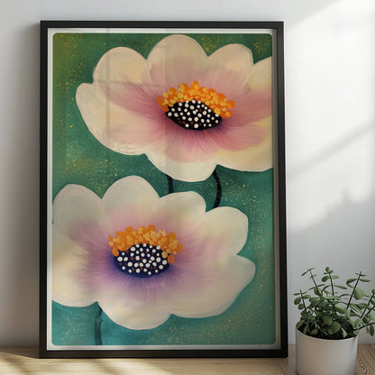 Zwei elegante Wasserlilien in Weiß und Rosa mit goldgelben Staubgefäßen und gepunkteten Zentren auf einem zartgrünen Hintergrund – stilvolle Flower Arts Illustration.. Rahmen schwarz 50x70