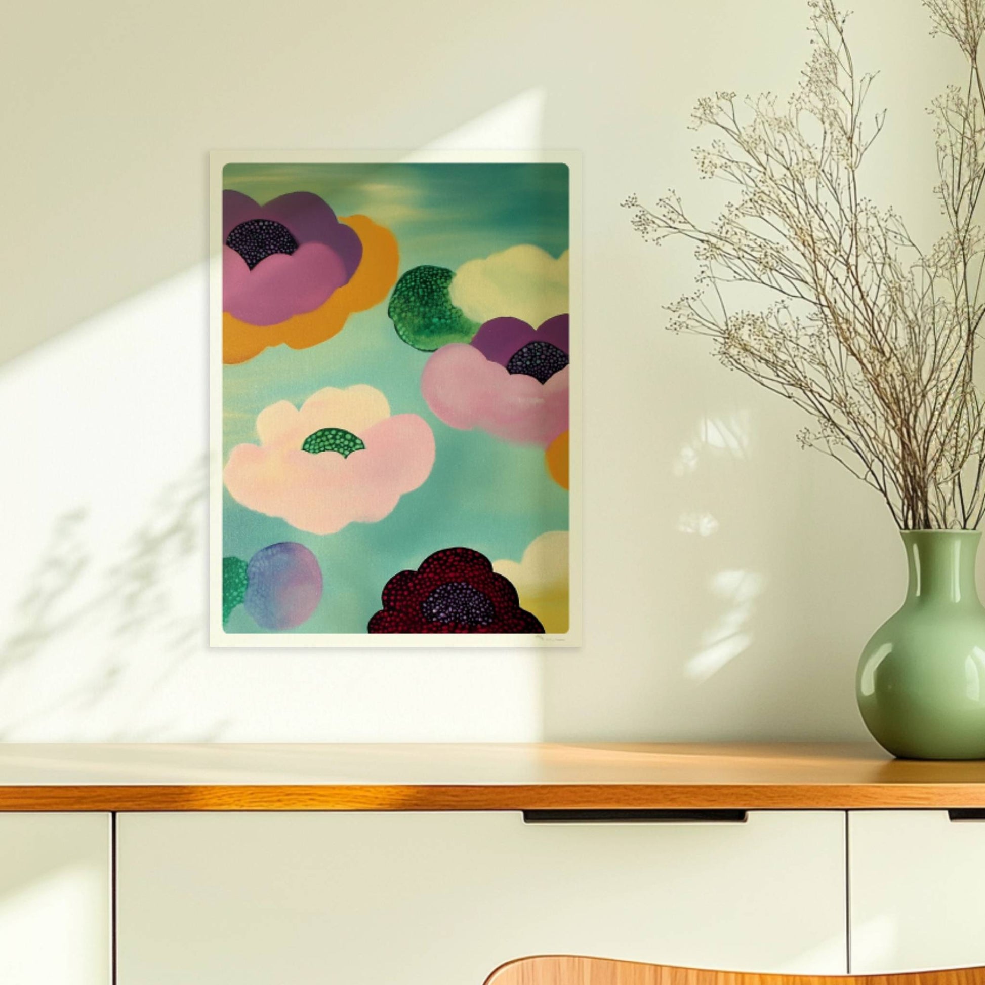 Abstrakte bunte Blütenwolken in Rosa, Lila, Rot und Grün mit gepunkteten Zentren vor einem sanft türkisfarbenen Hintergrund – moderne Flower Arts Illustration.. Ohne Rahmen 30x40