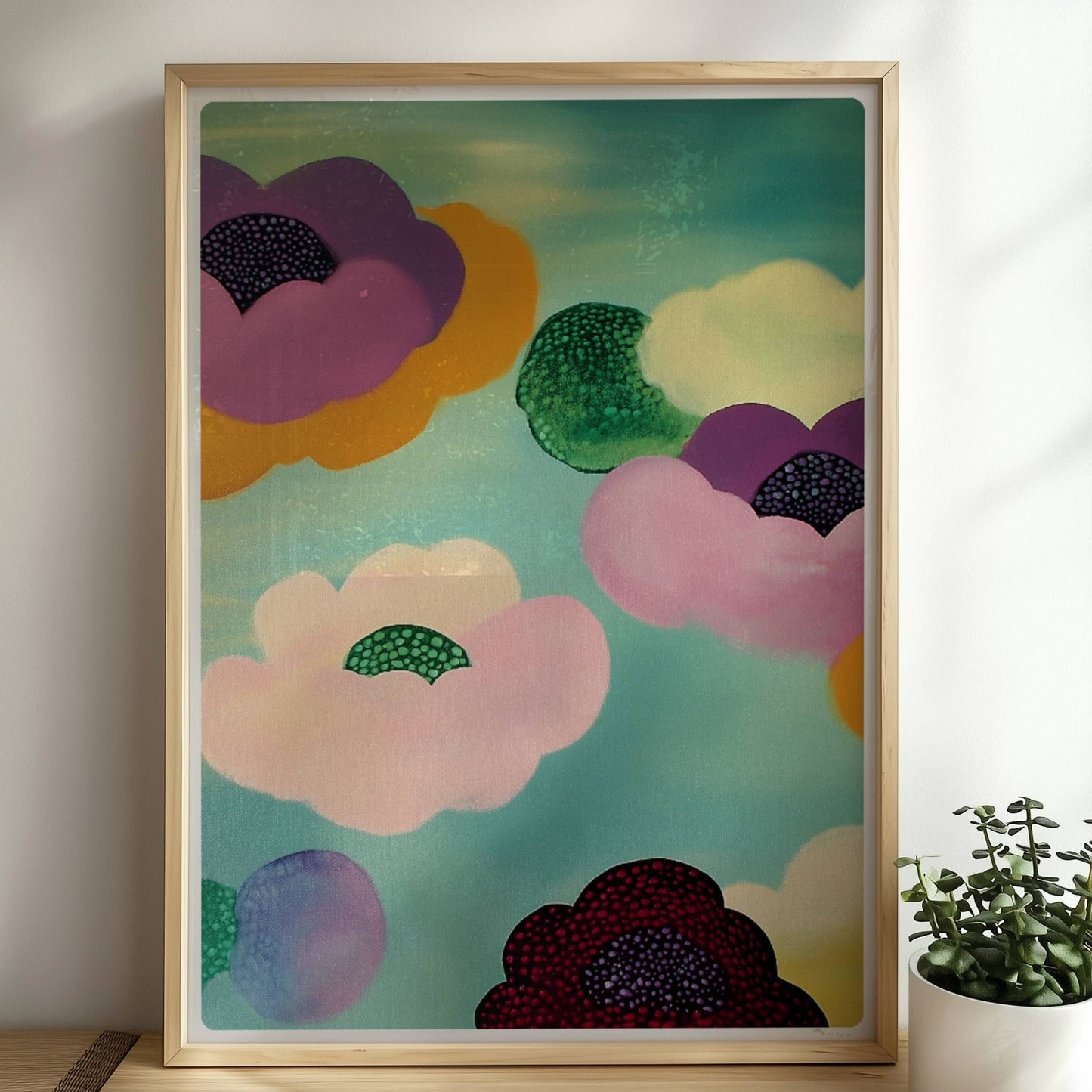 Abstrakte bunte Blütenwolken in Rosa, Lila, Rot und Grün mit gepunkteten Zentren vor einem sanft türkisfarbenen Hintergrund – moderne Flower Arts Illustration.. Rahmen natur 50x70