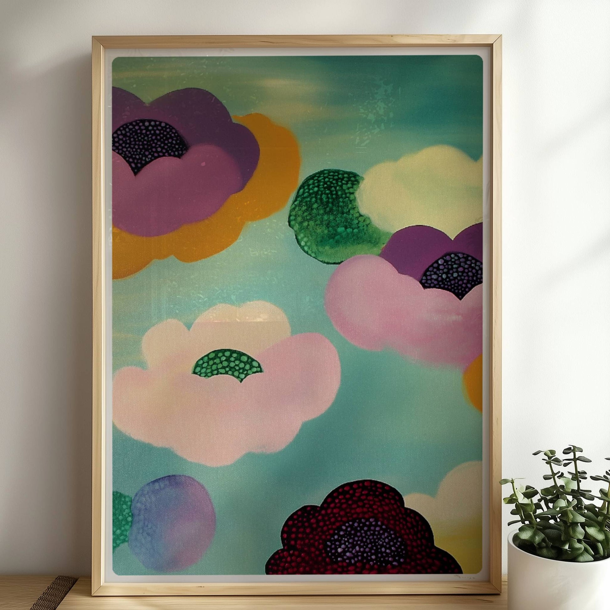 Abstrakte bunte Blütenwolken in Rosa, Lila, Rot und Grün mit gepunkteten Zentren vor einem sanft türkisfarbenen Hintergrund – moderne Flower Arts Illustration.. Rahmen natur 50x70