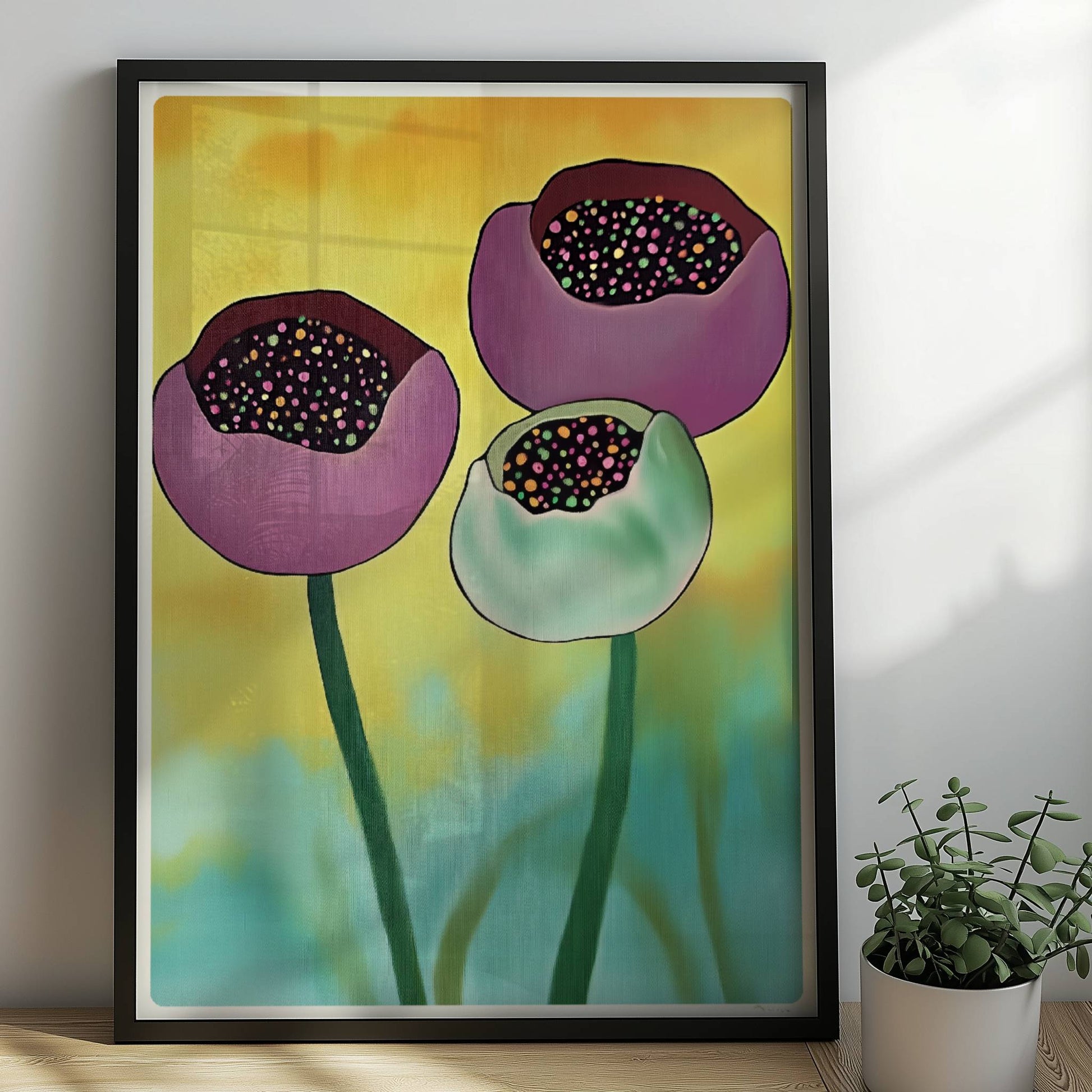Drei stilisierte Mohnblumenknospen in Violett und Mintgrün mit bunten Punkten im Inneren vor einem gelb-orange verlaufenden Hintergrund – dekorative Flower Arts Illustration.. Rahmen schwarz 50x70