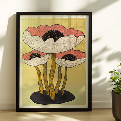 Drei große stilisierte Mohnblumen in Weiß und Rosa mit schwarzen Zentren und langen gelben Stielen vor einem weichen gelben Hintergrund – moderne Flower Arts Illustration.. Rahmen schwarz 30x40