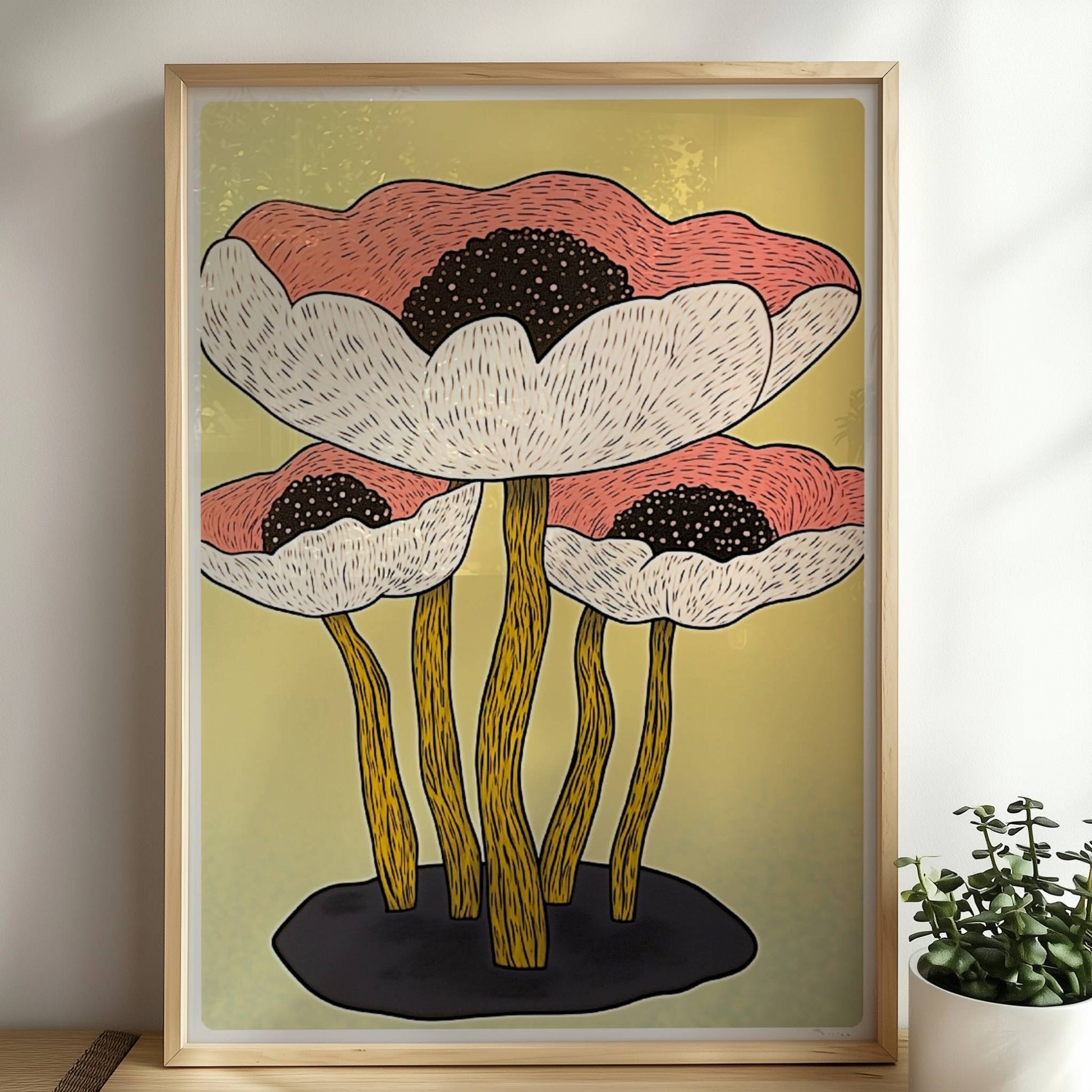 Drei große stilisierte Mohnblumen in Weiß und Rosa mit schwarzen Zentren und langen gelben Stielen vor einem weichen gelben Hintergrund – moderne Flower Arts Illustration.. Rahmen natur 50x70