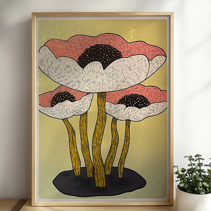 Drei große stilisierte Mohnblumen in Weiß und Rosa mit schwarzen Zentren und langen gelben Stielen vor einem weichen gelben Hintergrund – moderne Flower Arts Illustration.. Rahmen natur 50x70