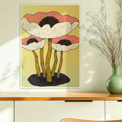 Drei große stilisierte Mohnblumen in Weiß und Rosa mit schwarzen Zentren und langen gelben Stielen vor einem weichen gelben Hintergrund – moderne Flower Arts Illustration.. Ohne Rahmen 50x70