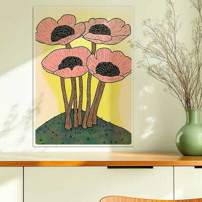 Fünf große stilisierte rosa Mohnblumen mit schwarzen Zentren und gelben Stielen auf einem Hügel vor einem weichen gelben Hintergrund – dekorative Flower Arts Illustration.. Ohne Rahmen 50x70