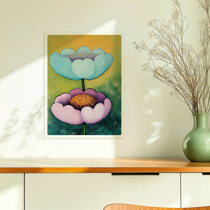 Zwei große stilisierte Mohnblumen in Hellblau und Flieder mit goldgelben Staubgefäßen vor einem grün-gelben Hintergrund – dekorative Flower Arts Illustration.. Ohne Rahmen 30x40