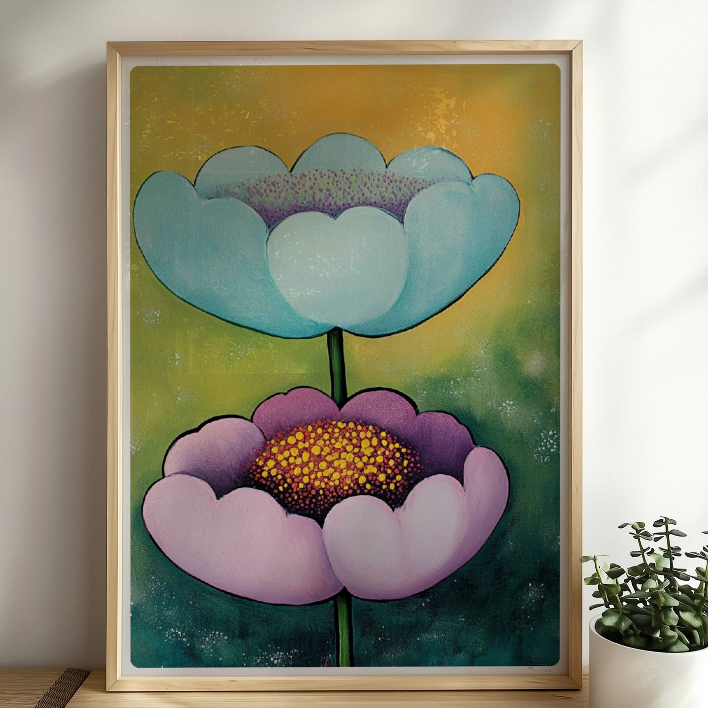 Zwei große stilisierte Mohnblumen in Hellblau und Flieder mit goldgelben Staubgefäßen vor einem grün-gelben Hintergrund – dekorative Flower Arts Illustration.. Rahmen natur 50x70