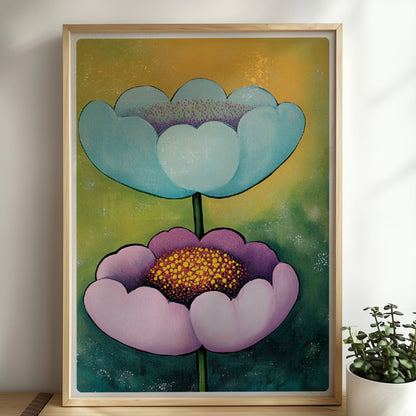 Zwei große stilisierte Mohnblumen in Hellblau und Flieder mit goldgelben Staubgefäßen vor einem grün-gelben Hintergrund – dekorative Flower Arts Illustration.. Rahmen natur 50x70