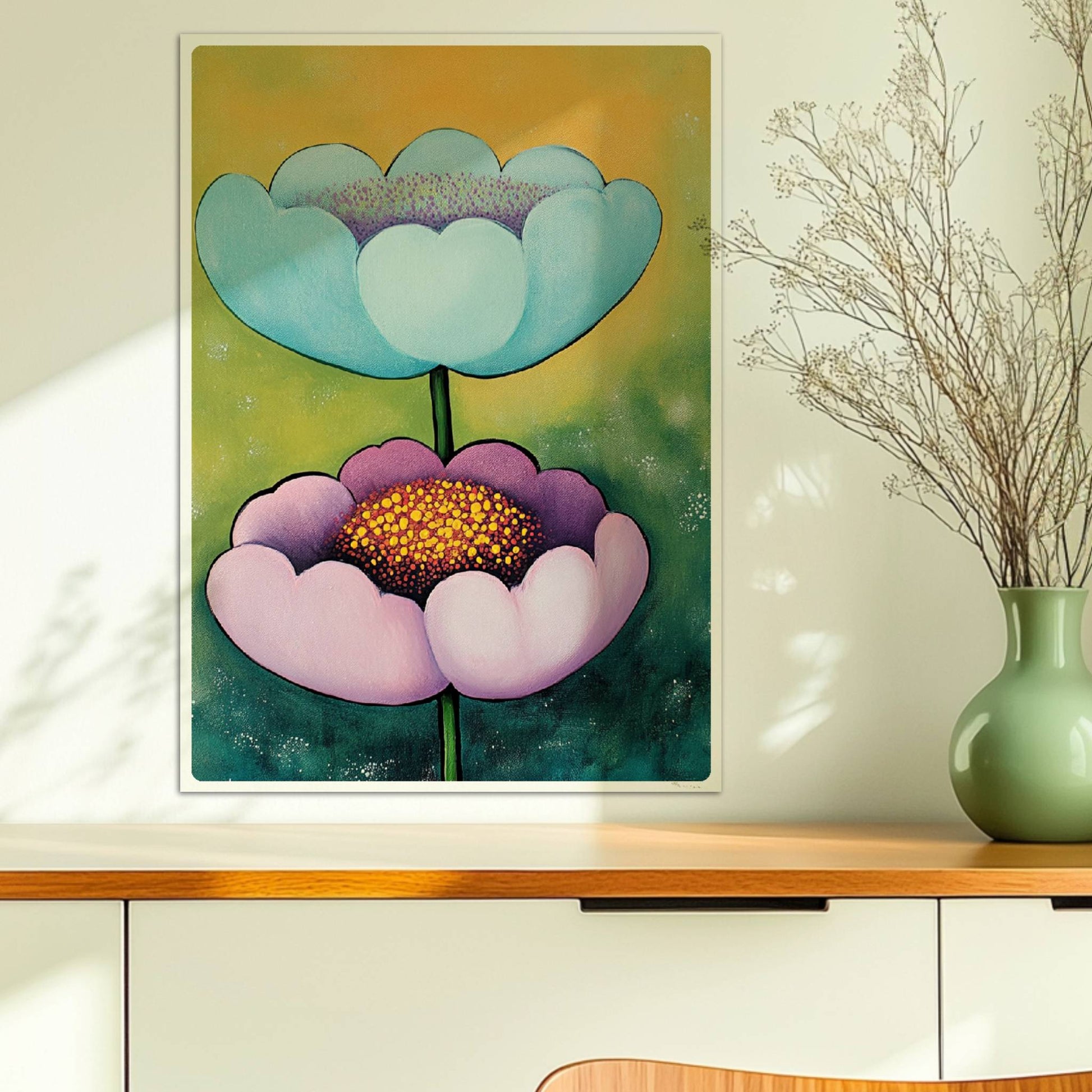 Zwei große stilisierte Mohnblumen in Hellblau und Flieder mit goldgelben Staubgefäßen vor einem grün-gelben Hintergrund – dekorative Flower Arts Illustration.. Ohne Rahmen 50x70