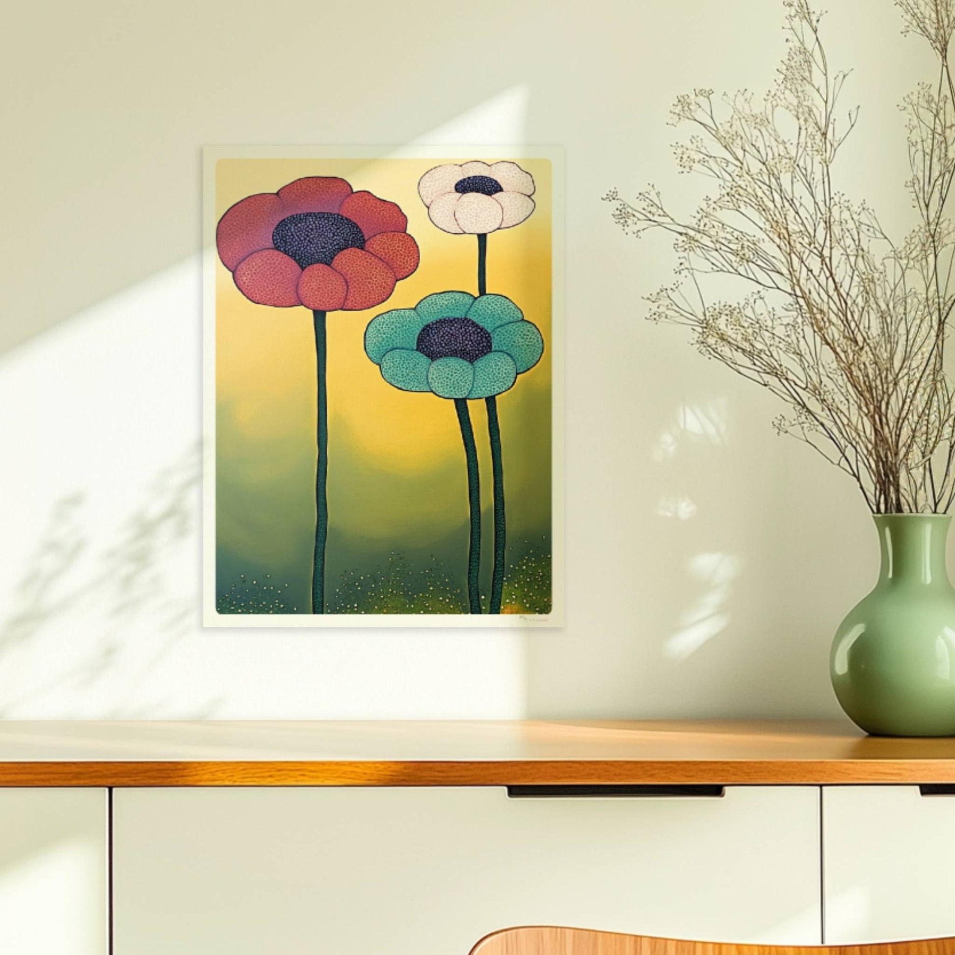 Drei große stilisierte Mohnblumen in Rot, Türkis und Weiß mit dunklen Zentren auf langen grünen Stielen vor einem gelb-grünen Verlaufshintergrund – moderne Flower Arts Illustration.. Ohne Rahmen 30x40