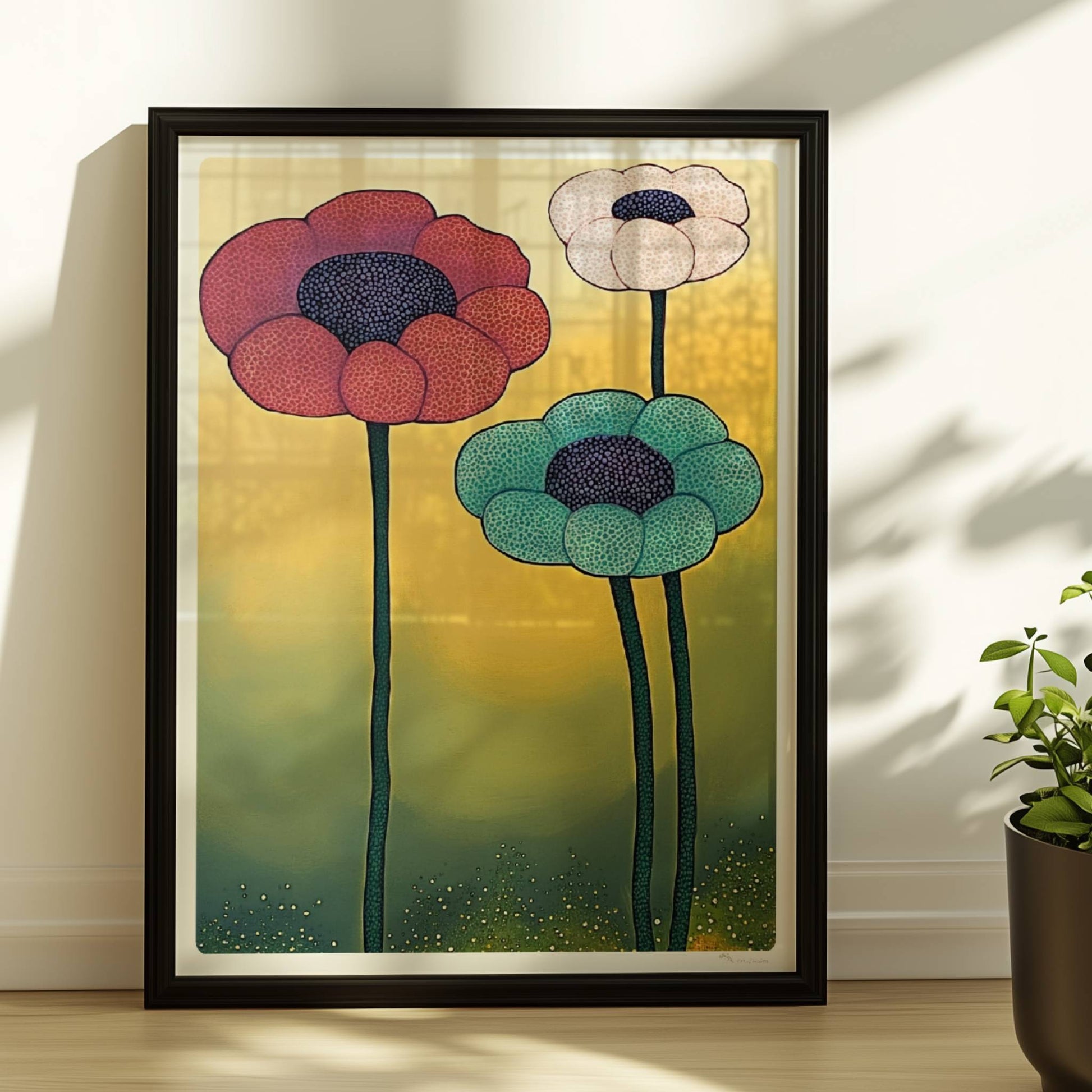 Drei große stilisierte Mohnblumen in Rot, Türkis und Weiß mit dunklen Zentren auf langen grünen Stielen vor einem gelb-grünen Verlaufshintergrund – moderne Flower Arts Illustration.. Rahmen schwarz 30x40