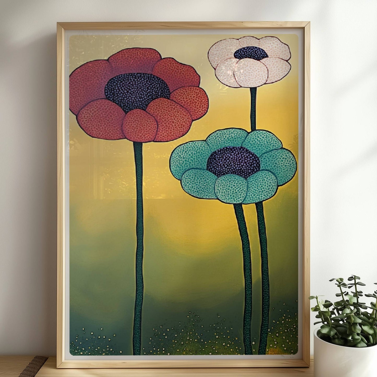 Drei große stilisierte Mohnblumen in Rot, Türkis und Weiß mit dunklen Zentren auf langen grünen Stielen vor einem gelb-grünen Verlaufshintergrund – moderne Flower Arts Illustration.. Rahmen natur 50x70