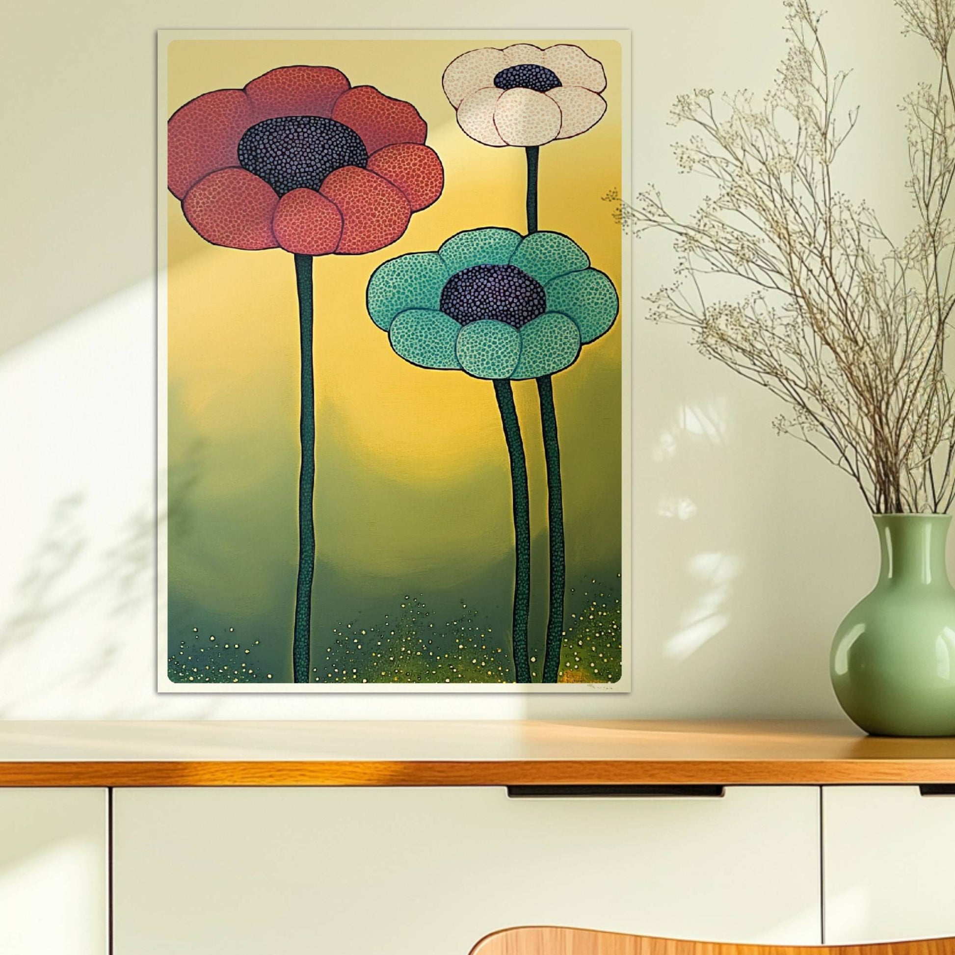 Drei große stilisierte Mohnblumen in Rot, Türkis und Weiß mit dunklen Zentren auf langen grünen Stielen vor einem gelb-grünen Verlaufshintergrund – moderne Flower Arts Illustration.. Ohne Rahmen 50x70