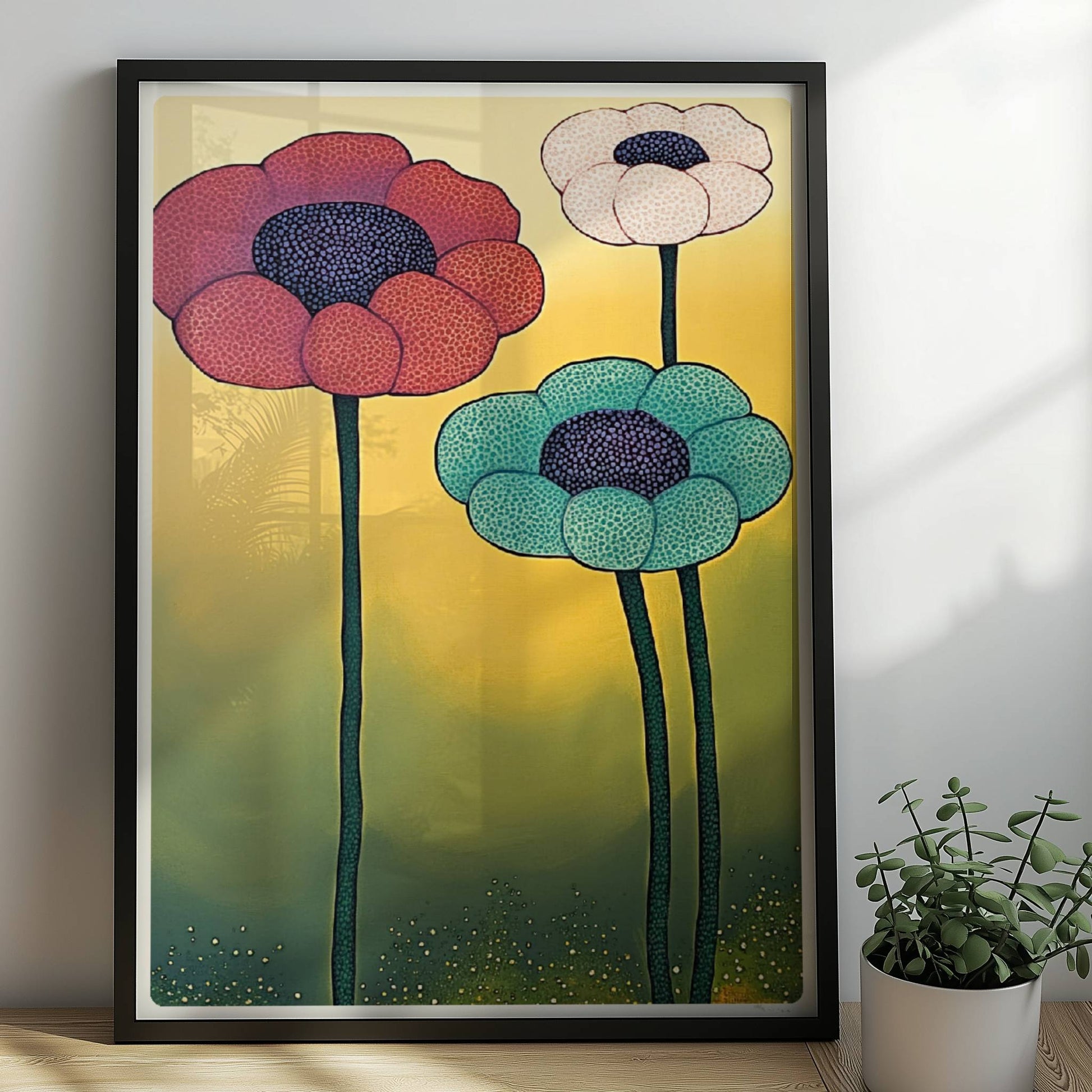 Drei große stilisierte Mohnblumen in Rot, Türkis und Weiß mit dunklen Zentren auf langen grünen Stielen vor einem gelb-grünen Verlaufshintergrund – moderne Flower Arts Illustration.. Rahmen schwarz 50x70
