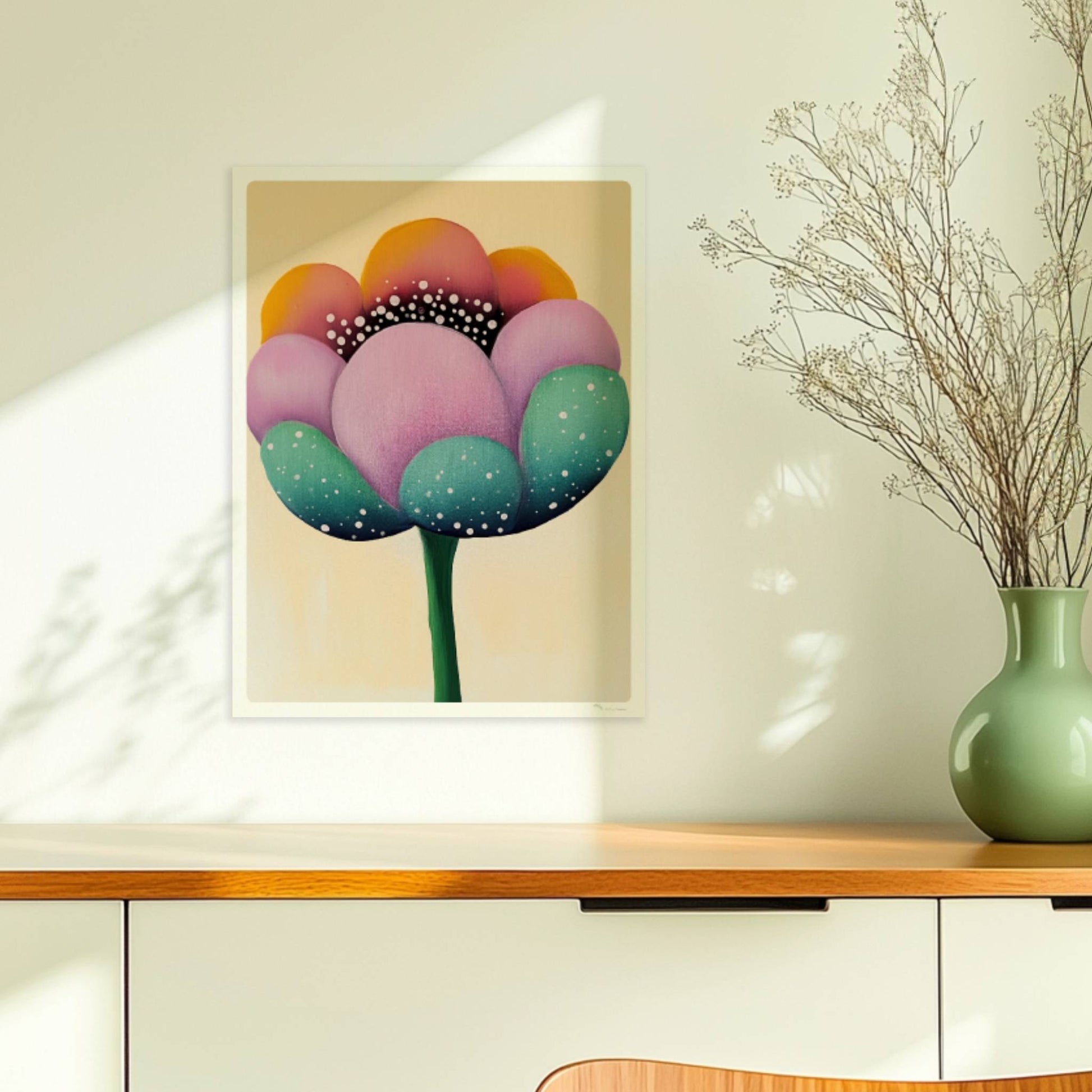 Große stilisierte Blüte in Lila, Türkis und Gelb mit weißen Punkten und dunklem Zentrum auf einem weichen beigen Hintergrund – künstlerische Flower Arts Illustration.. Ohne Rahmen 30x40