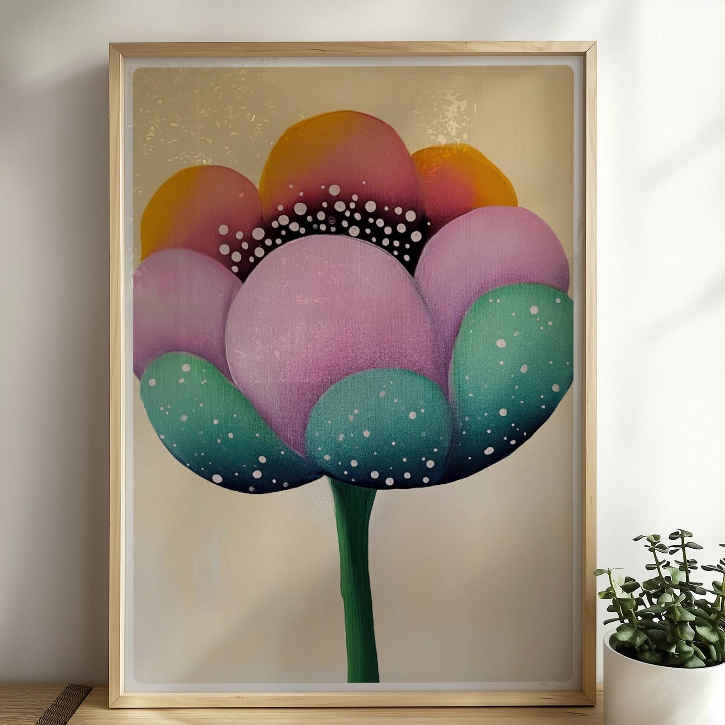 Große stilisierte Blüte in Lila, Türkis und Gelb mit weißen Punkten und dunklem Zentrum auf einem weichen beigen Hintergrund – künstlerische Flower Arts Illustration.. Rahmen natur 50x70