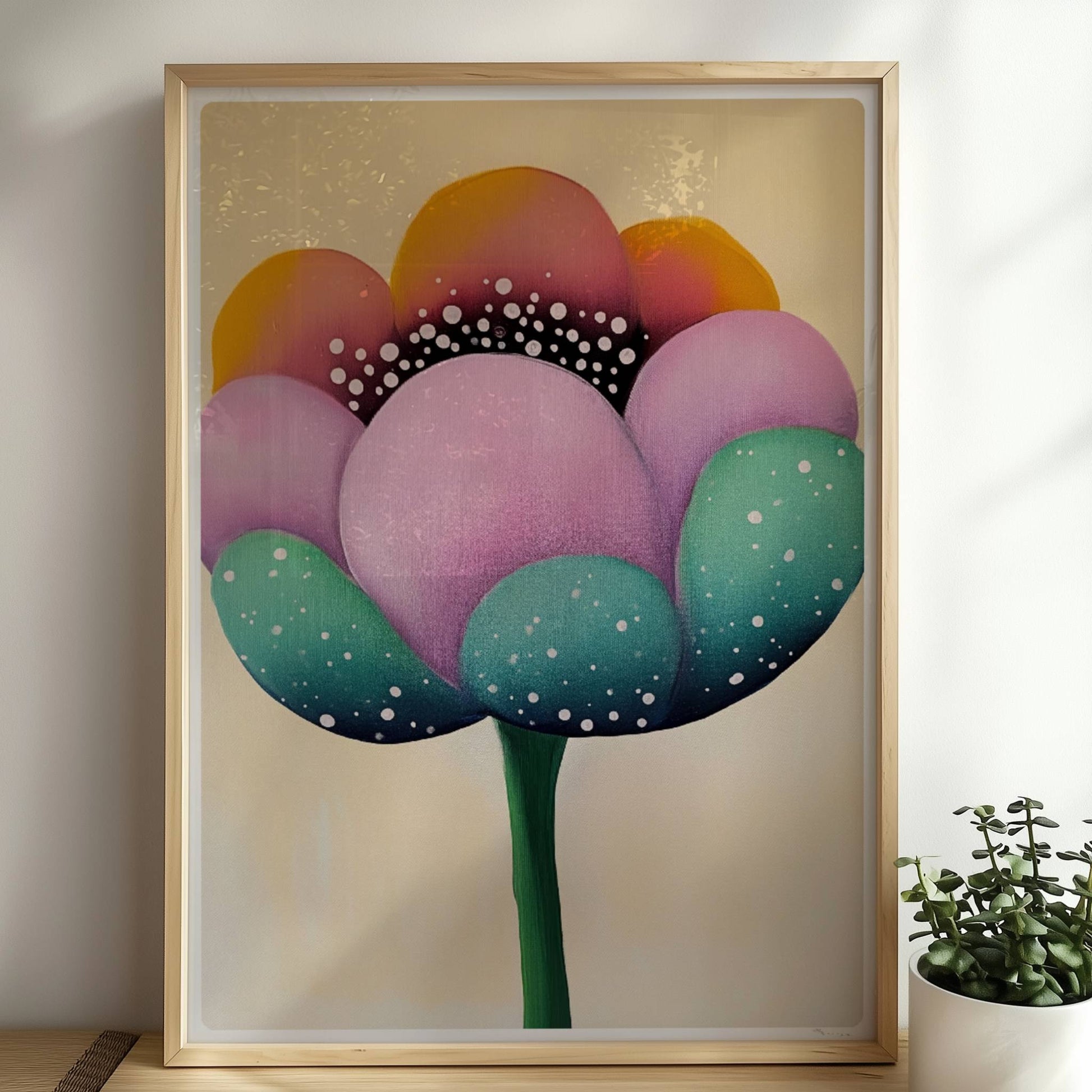 Große stilisierte Blüte in Lila, Türkis und Gelb mit weißen Punkten und dunklem Zentrum auf einem weichen beigen Hintergrund – künstlerische Flower Arts Illustration.. Rahmen natur 50x70