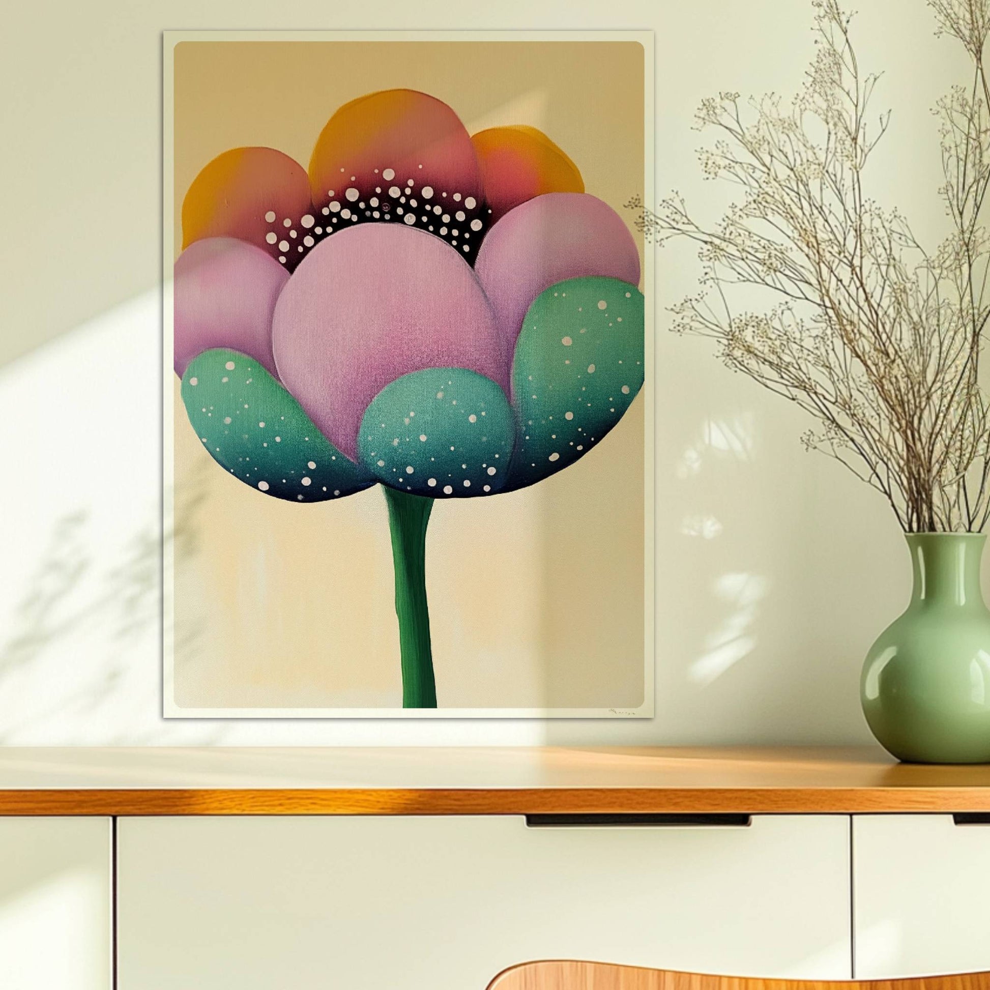 Große stilisierte Blüte in Lila, Türkis und Gelb mit weißen Punkten und dunklem Zentrum auf einem weichen beigen Hintergrund – künstlerische Flower Arts Illustration.. Ohne Rahmen 50x70