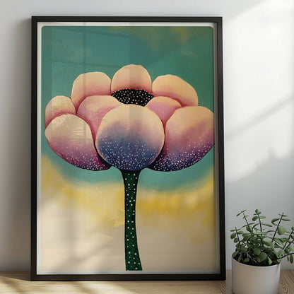 Große stilisierte Blüte in Rosa und Lila mit weißen Punkten und dunklem Zentrum auf einem weichen gelb-blauen Verlaufshintergrund – künstlerische Flower Arts Illustration.. Rahmen schwarz 50x70