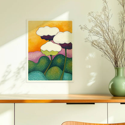 Drei stilisierte weiße Blüten mit dunklen Zentren auf langen grünen Stielen, umgeben von sanft geschwungenen Hügeln in Grün und Lila vor einem orangefarbenen Sonnenuntergangshimmel – dekorative Flower Arts Illustration.. Ohne Rahmen 30x40