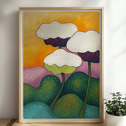 Drei stilisierte weiße Blüten mit dunklen Zentren auf langen grünen Stielen, umgeben von sanft geschwungenen Hügeln in Grün und Lila vor einem orangefarbenen Sonnenuntergangshimmel – dekorative Flower Arts Illustration.. Rahmen natur 50x70
