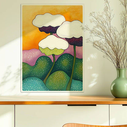 Drei stilisierte weiße Blüten mit dunklen Zentren auf langen grünen Stielen, umgeben von sanft geschwungenen Hügeln in Grün und Lila vor einem orangefarbenen Sonnenuntergangshimmel – dekorative Flower Arts Illustration.. Ohne Rahmen 50x70
