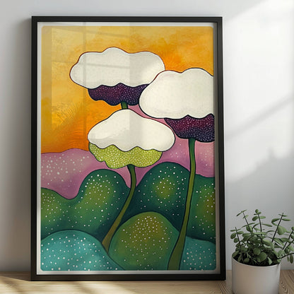 Drei stilisierte weiße Blüten mit dunklen Zentren auf langen grünen Stielen, umgeben von sanft geschwungenen Hügeln in Grün und Lila vor einem orangefarbenen Sonnenuntergangshimmel – dekorative Flower Arts Illustration.. Rahmen schwarz 50x70