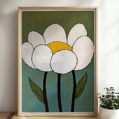 Zwei große weiße Gartenblüten mit goldgelben Zentren und dunkelgrünen Blättern auf einem schlichten grün-blauen Hintergrund – charmante botanische Kunst im Retro-Stil.. Rahmen natur 50x70