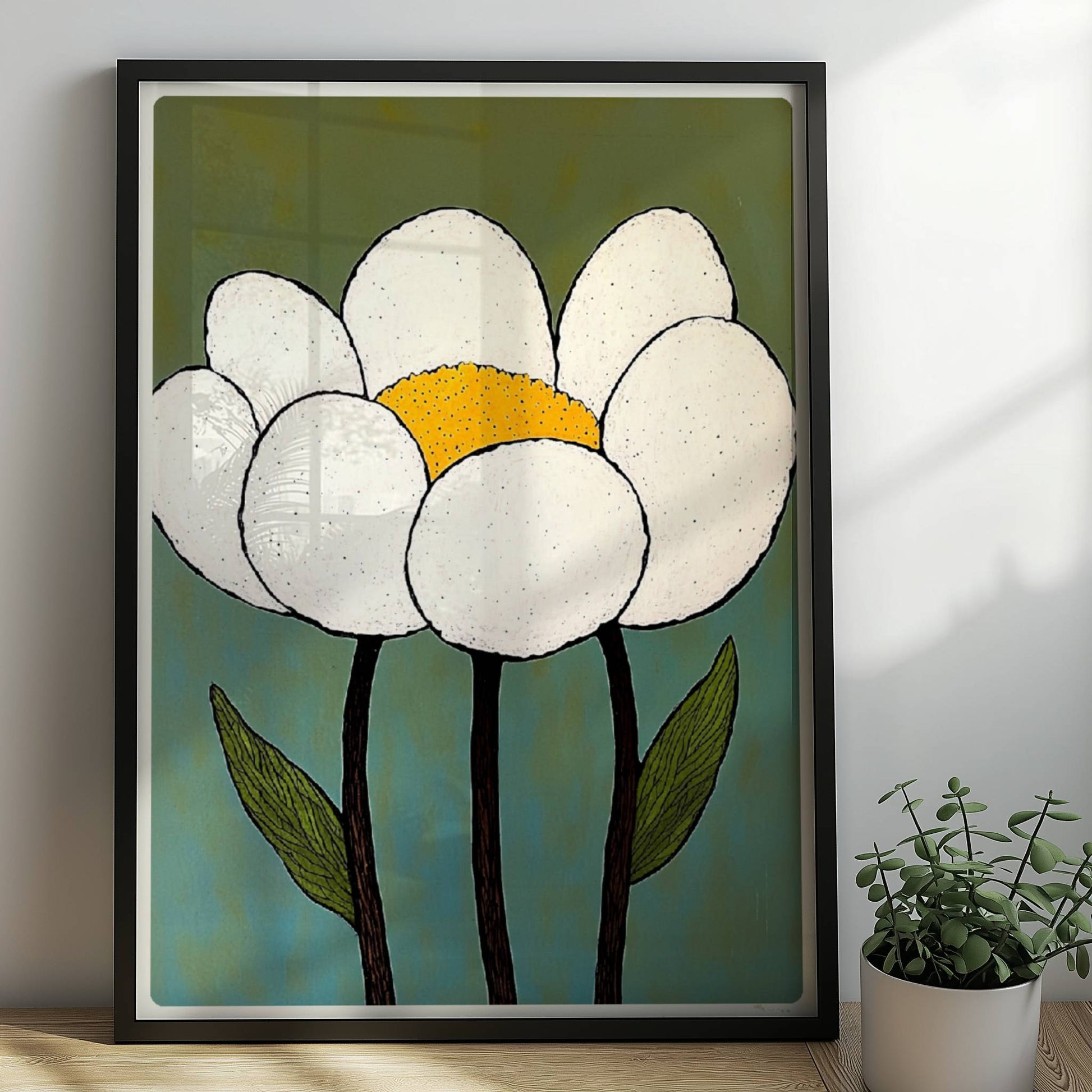 Zwei große weiße Gartenblüten mit goldgelben Zentren und dunkelgrünen Blättern auf einem schlichten grün-blauen Hintergrund – charmante botanische Kunst im Retro-Stil.. Rahmen schwarz 50x70