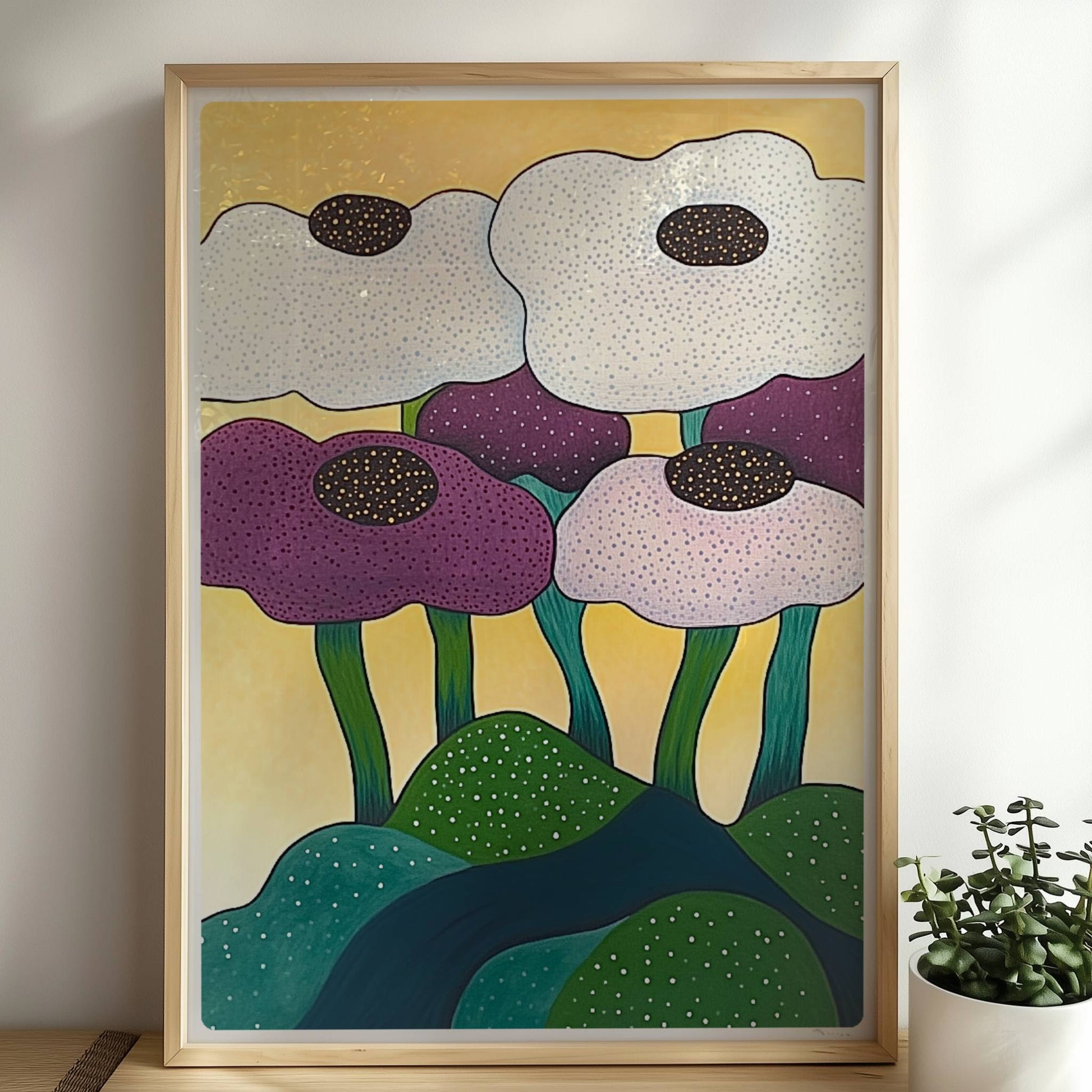 Sechs farbenfrohe Blumen in Weiß, Lila und Violett mit dunklen Zentren wachsen aus einer grünen Hügellandschaft vor einem sonnengelben Hintergrund – fröhliche Gartenkunst im modernen Stil.. Rahmen natur 50x70