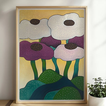 Sechs farbenfrohe Blumen in Weiß, Lila und Violett mit dunklen Zentren wachsen aus einer grünen Hügellandschaft vor einem sonnengelben Hintergrund – fröhliche Gartenkunst im modernen Stil.. Rahmen natur 50x70