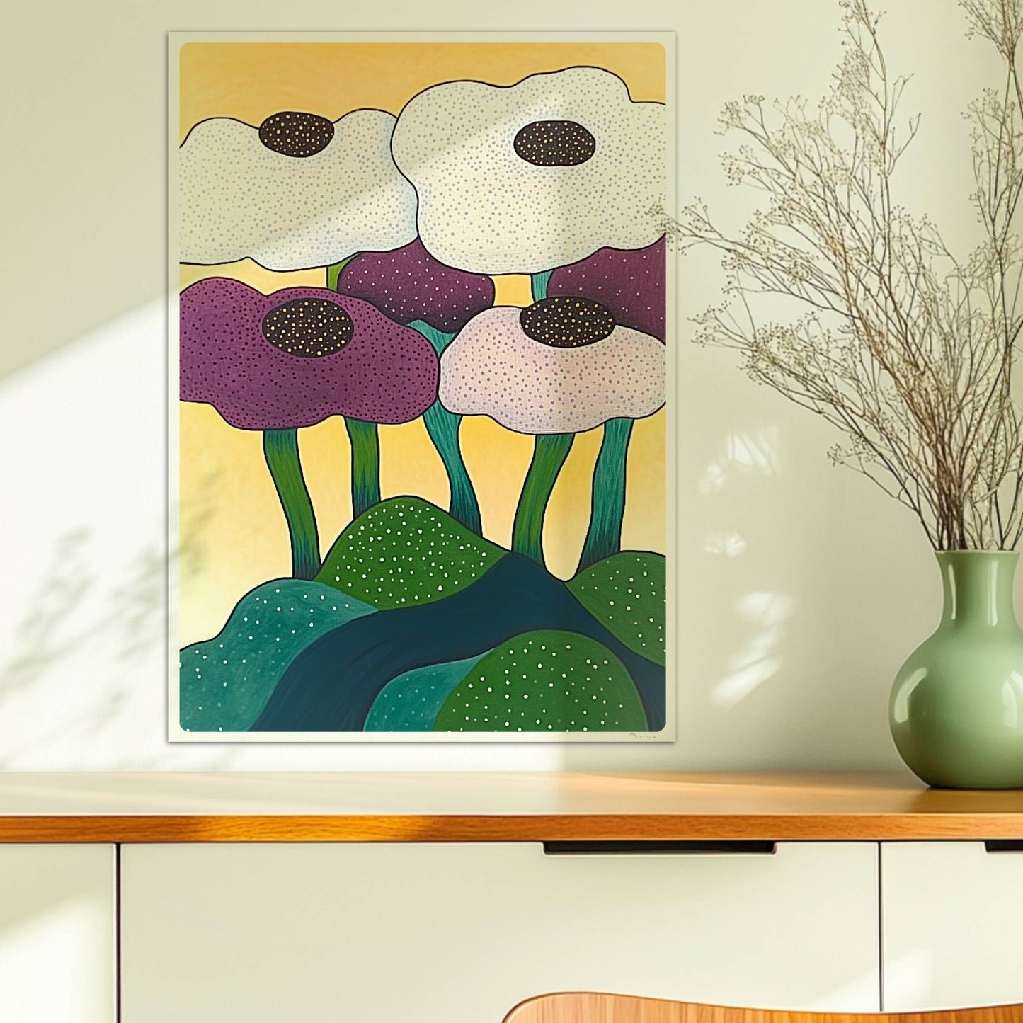 Sechs farbenfrohe Blumen in Weiß, Lila und Violett mit dunklen Zentren wachsen aus einer grünen Hügellandschaft vor einem sonnengelben Hintergrund – fröhliche Gartenkunst im modernen Stil.. Ohne Rahmen 50x70