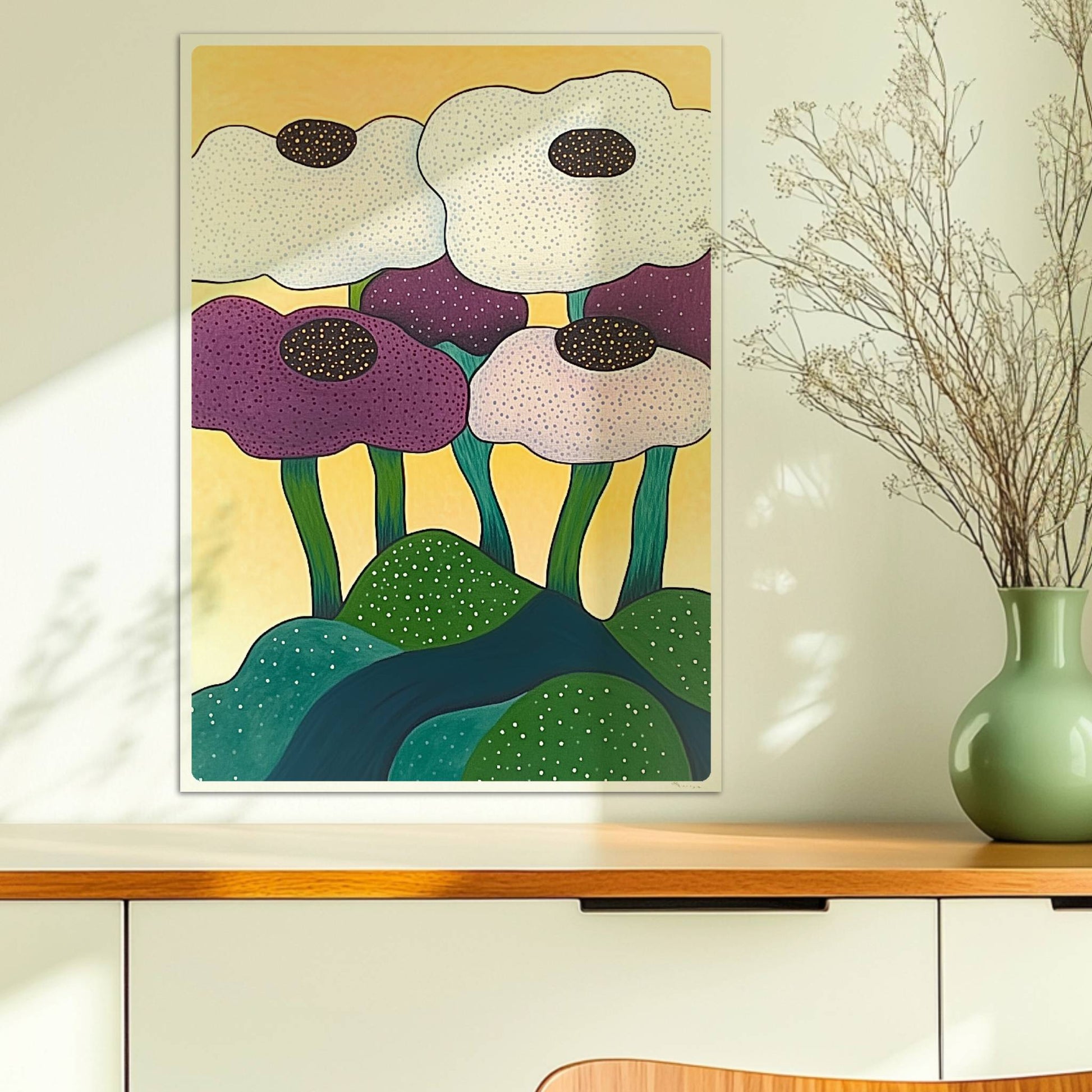 Sechs farbenfrohe Blumen in Weiß, Lila und Violett mit dunklen Zentren wachsen aus einer grünen Hügellandschaft vor einem sonnengelben Hintergrund – fröhliche Gartenkunst im modernen Stil.. Ohne Rahmen 50x70