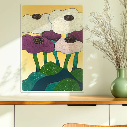 Sechs farbenfrohe Blumen in Weiß, Lila und Violett mit dunklen Zentren wachsen aus einer grünen Hügellandschaft vor einem sonnengelben Hintergrund – fröhliche Gartenkunst im modernen Stil.. Ohne Rahmen 50x70