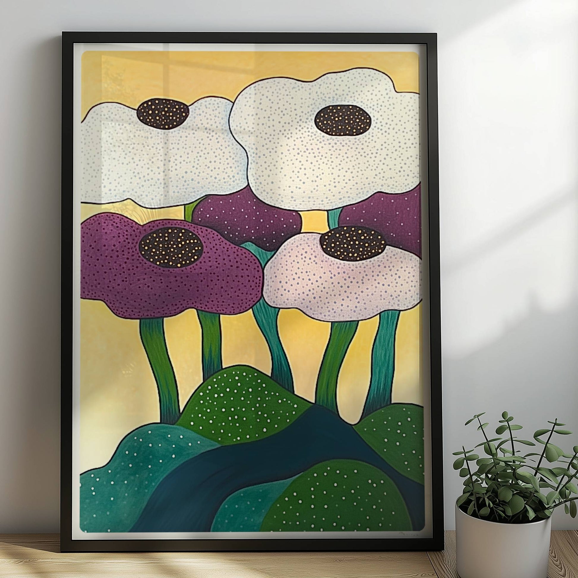 Sechs farbenfrohe Blumen in Weiß, Lila und Violett mit dunklen Zentren wachsen aus einer grünen Hügellandschaft vor einem sonnengelben Hintergrund – fröhliche Gartenkunst im modernen Stil.. Rahmen schwarz 50x70