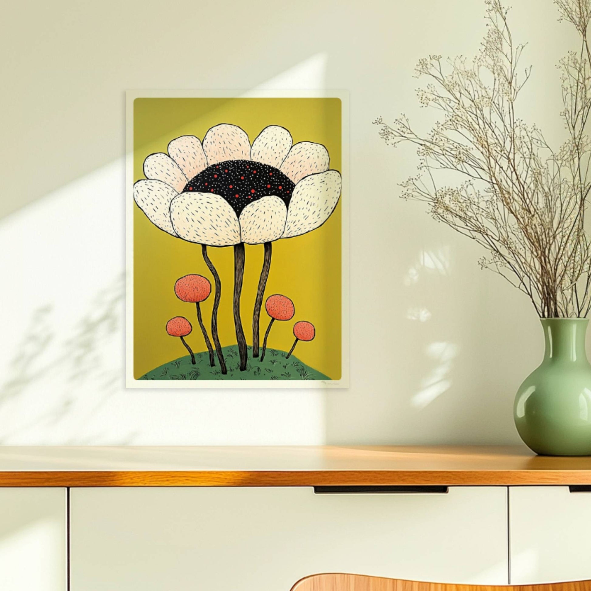 Eine große cremefarbene Blüte mit schwarzem Zentrum und roten Akzenten wächst über kleineren runden Blüten auf einem grünen Hügel vor einem kräftig gelben Hintergrund – verspielte Blumenillustration.. Ohne Rahmen 30x40