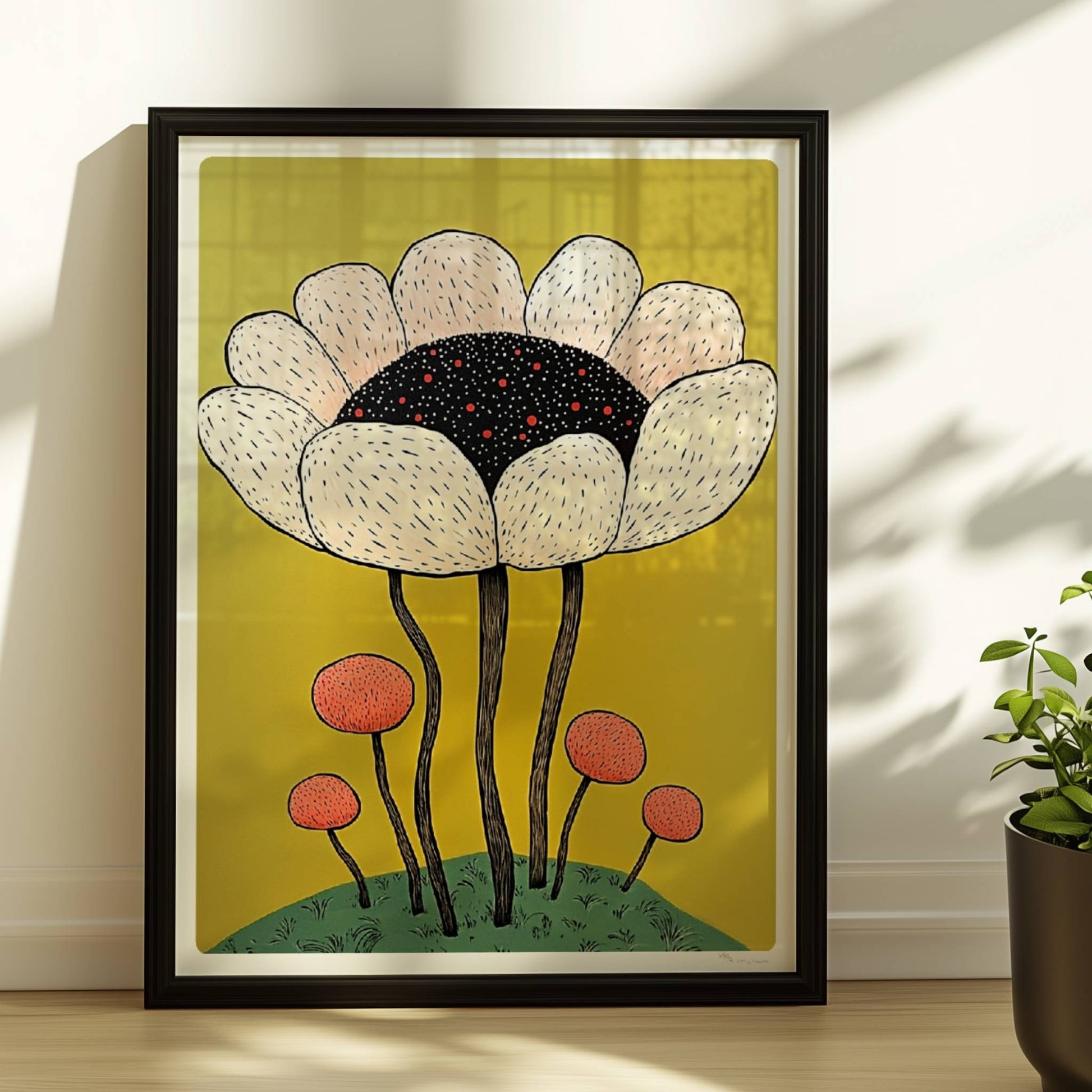 Eine große cremefarbene Blüte mit schwarzem Zentrum und roten Akzenten wächst über kleineren runden Blüten auf einem grünen Hügel vor einem kräftig gelben Hintergrund – verspielte Blumenillustration.. Rahmen schwarz 30x40